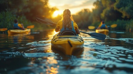 Young students practicing paddle sports like kayaking or canoeing in a safe, supervised school environment, solid color background, 4k, ultra hd - obrazy, fototapety, plakaty