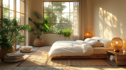 Zen-like bedroom with clean, uncluttered spaces and a single source of soft, ambient light, solid color background, 4k, ultra hd