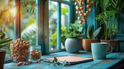 Well-lit desk area with a bullet journal, motivational prints, and a selection of healthy trail mix, solid color background, 4k, ultra hd - obrazy, fototapety, plakaty