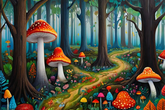 Explore the enchanting depths of a vibrant, detailed painting depicting a whimsical forest adorned with magical trees and mushrooms