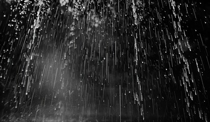 Black and white image of rain, drops falling vertically downwards. The concept of rainy weather.