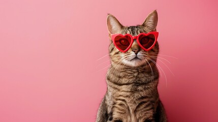 cat in red heart shaped sunglasses sits on a pink background
