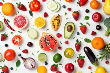 A colorful assortment of fruits and vegetables, including apples, oranges