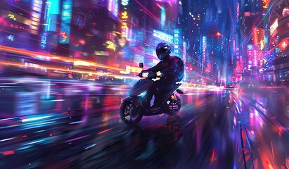 Motorcyclist moving through the city street at night, glowing with neon lights. The concept of speed and urban life.