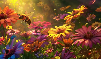 Blooming field with a bee. The concept of an ecosystem and biodiversity. - obrazy, fototapety, plakaty