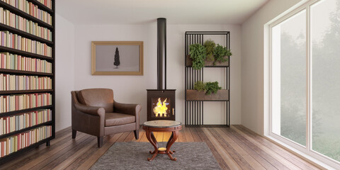 Obraz premium A cozy living room with fireplace and furniture 3d render illustration