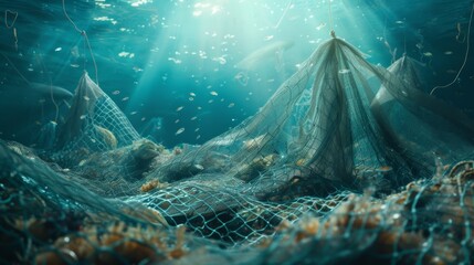 A scene depicting overfishing's impact on marine life, with empty nets and vanishing fish species. - obrazy, fototapety, plakaty