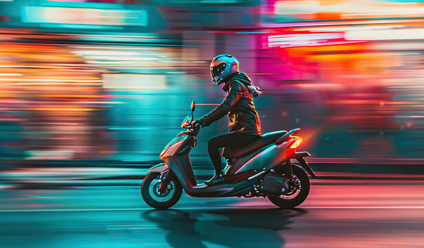 Motorcyclist on a scooter moving with a blurred background of city lights. The concept of speed and urban life.
