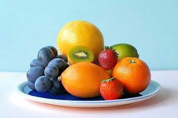 multiple fruits stacked in a plate on a white surface