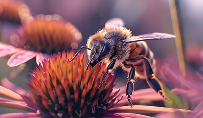Bee collecting pollen on a blooming plant. The concept of the ecosystem. - obrazy, fototapety, plakaty