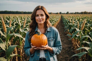 Portrait of woman holding pumpkin in the middle of a corn field