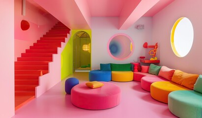 Colorful interior with staircase and pop-art style furniture. The concept of modern design.