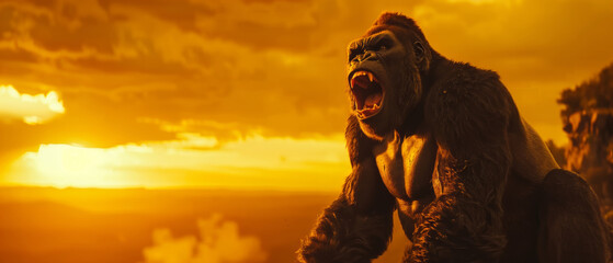 close up of  gorilla is roaring on the edge of a cliff on sunset sky background - obrazy, fototapety, plakaty