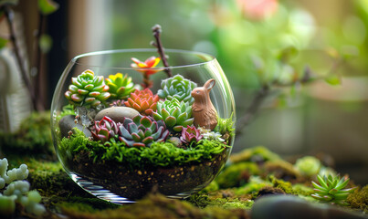 Terrarium Building, glass containers, succulents, and tiny figurines,  miniature landscapes within the glass, transforming them into self-sustaining ecosystems