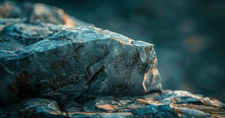 professional photography, macro photography The surface of the rock is fractured and has sharp edges . the background is blurred. front view - obrazy, fototapety, plakaty