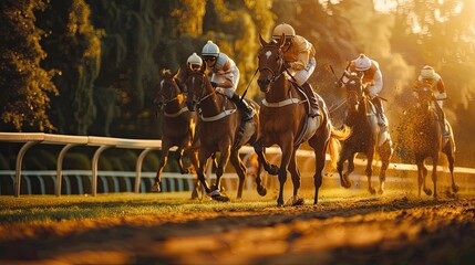 Horses running on a racecourse. - obrazy, fototapety, plakaty