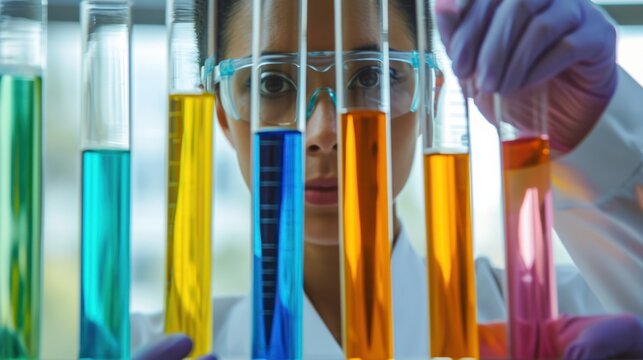 girl scientist are engaged in scientific activities, in front of them are test tubes with different color liquid, banner
