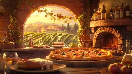 Against the backdrop of a charming Italian countryside, a quaint trattoria showcases a hand-drawn cartoon pizza as its culinary masterpiece. - obrazy, fototapety, plakaty