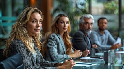 Obraz premium Professional team meeting in a sleek, modern office, diverse group of men and women engaged in discussion