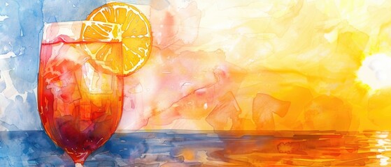 Watercolor image of an aperol spritz, with an orange slice, in the summer sunset