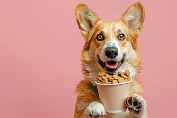 Cute welsh corgi dog with paper coffee cup with dog food on pink background. Dog cafe concept. - obrazy, fototapety, plakaty