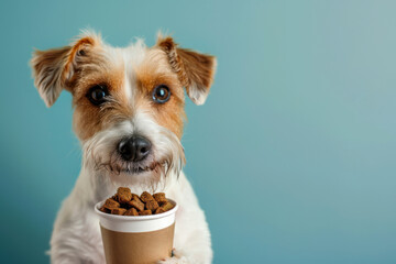Cute dog with paper coffee cup of dog food on colored background, closeup. Dog cafe concept.