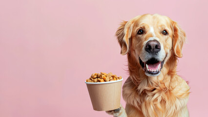 Cute golden retriever dog with bowl of dry food on pink background - obrazy, fototapety, plakaty