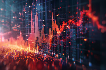 A dynamic abstract visualization of digital data points and market analysis graphs, representing financial and technological concepts..