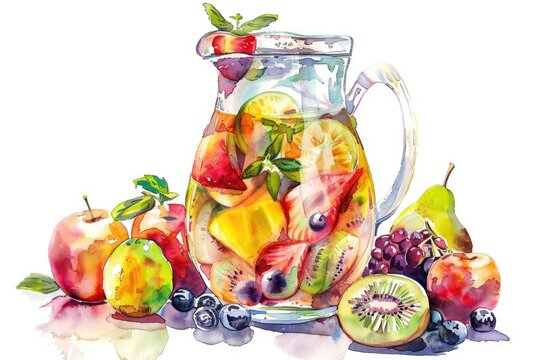 Watercolor image of a fruity sangria in a pitcher, surrounded by summer fruits