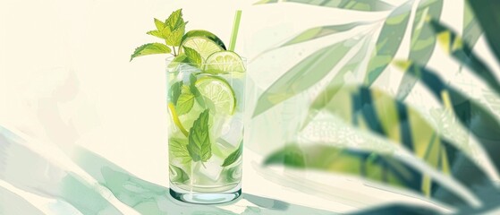 Artistic rendering of a mojito cocktail, with fresh mint and lime, in summer's full bloom