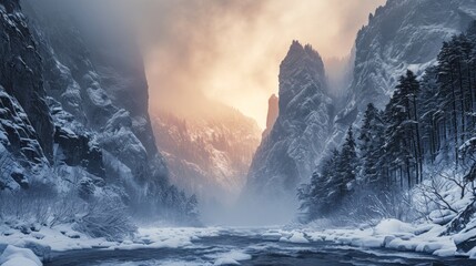 Majestic landscape of rugged lands valley in winter with snow.