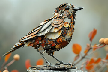 Naklejka premium A meticulously crafted bird sculpture from metal pieces stands amidst soft focus autumn foliage..