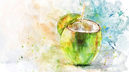 Artistic watercolor of a coconut water with a straw, epitomizing tropical summer vibes