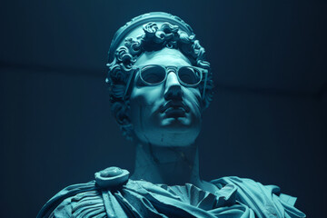 Statue of David wearing glasses in a night museum. Concept of night in museums.