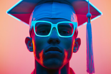 Portrait of a student wearing a graduation cap with neon glasses on a pink background. Close-up.