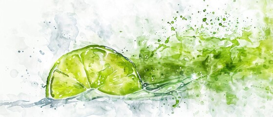 Artistic watercolor of a sparkling water with lime, refreshing in the summer heat