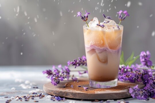 Artistic rendering of an iced lavender latte, a unique summer beverage choice