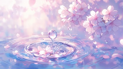 Naklejka na ściany i meble A beautiful water drop with pink cherry blossom flowers ripples in the background