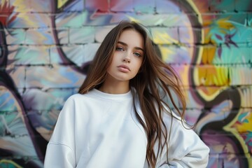 Portrait of a beautiful girl in a white sweatshirt on a background of graffiti, Ai Generated