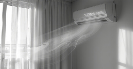 A cool white breeze flowing from an air conditioner, room temperature at a comfy, air conditioner on white wall
