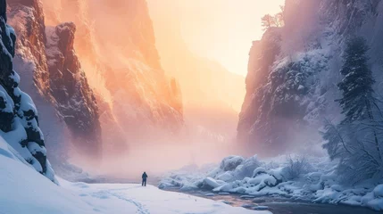 Foto op Plexiglas Hiker hiking in winter in rugged lands with snow. © rabbit75_fot