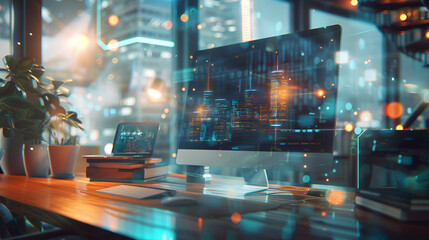 Technology theme drawing and work space with computer ,futuristic technology background with abstract 3 d illustration of neon light