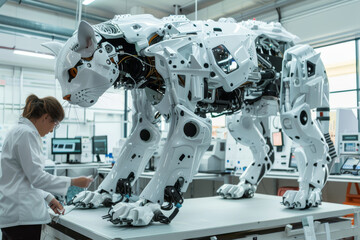 An advanced robotic cat  design is showcased in a modern research and development lab with engineers monitoring progress. - obrazy, fototapety, plakaty