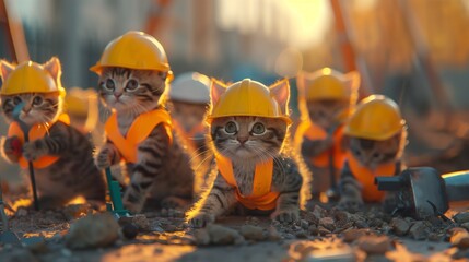 A group of adorable kittens, adorned in vibrant yellow hard hats and neon orange safety vests, gather around a miniature construction site.