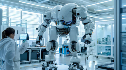 An advanced robotic design is showcased in a modern research and development lab with engineers monitoring progress. - obrazy, fototapety, plakaty