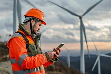 Young engineer looking and checking wind turbines at field using digital tablet. Generative AI. 
