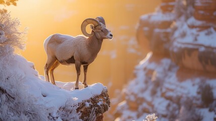 Bighorn ram sheep goat on cliff in Grand Canyon in winter with snow
