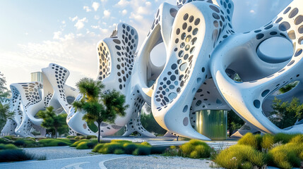 Futuristic organic architecture with lush greenery
