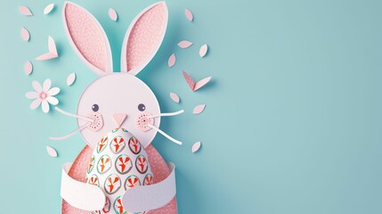 A paper rabbit is holding a colorful Easter egg and a beautiful flower to celebrate the happy event of Easter. The creative arts of plant and organism adaptation can be seen in this artwork AIG42E