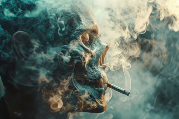 An older man exhales cigarette smoke forming a haunting skull shape, highlighting the dangers of smoking. - obrazy, fototapety, plakaty